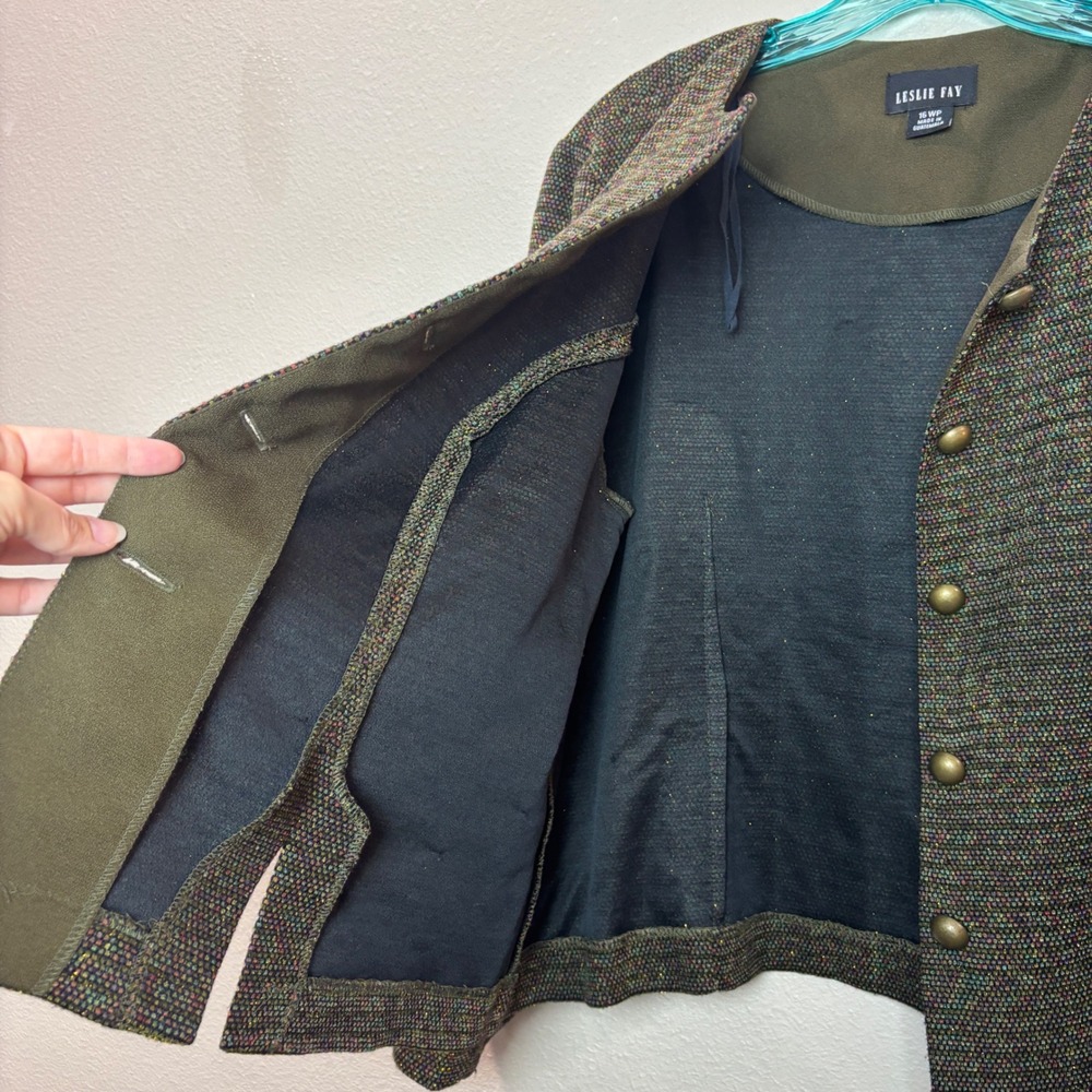Leslie Fay Blazer Women 16WP Green Metallic Tweed Button Front Jacket Academia - Picture 6 of 13